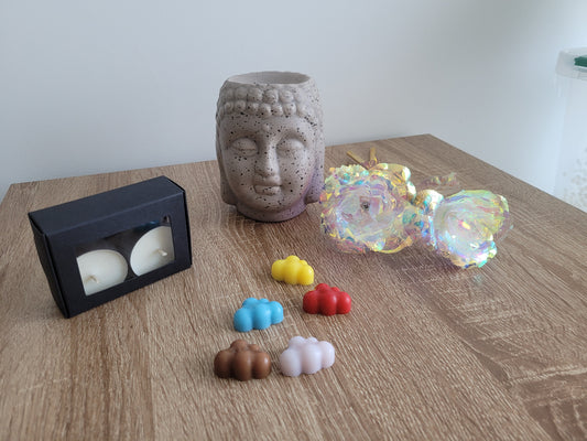 Coffret découverte contenant cinq fondants parfumés artisanaux et deux bougies chauffe-plat à la cire de soja, présenté dans un emballage soigné.