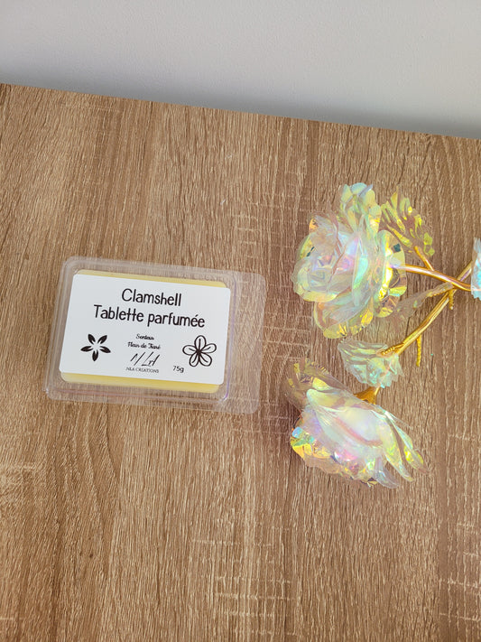 Fondant parfumé en boîte Clamshell transparent, composé de 6 carrés personnalisables faits main. Tablette aux couleurs vives avec paillettes, prête à être découpée et utilisée dans un brûle-parfum pour diffuser un parfum gourmand et durable.