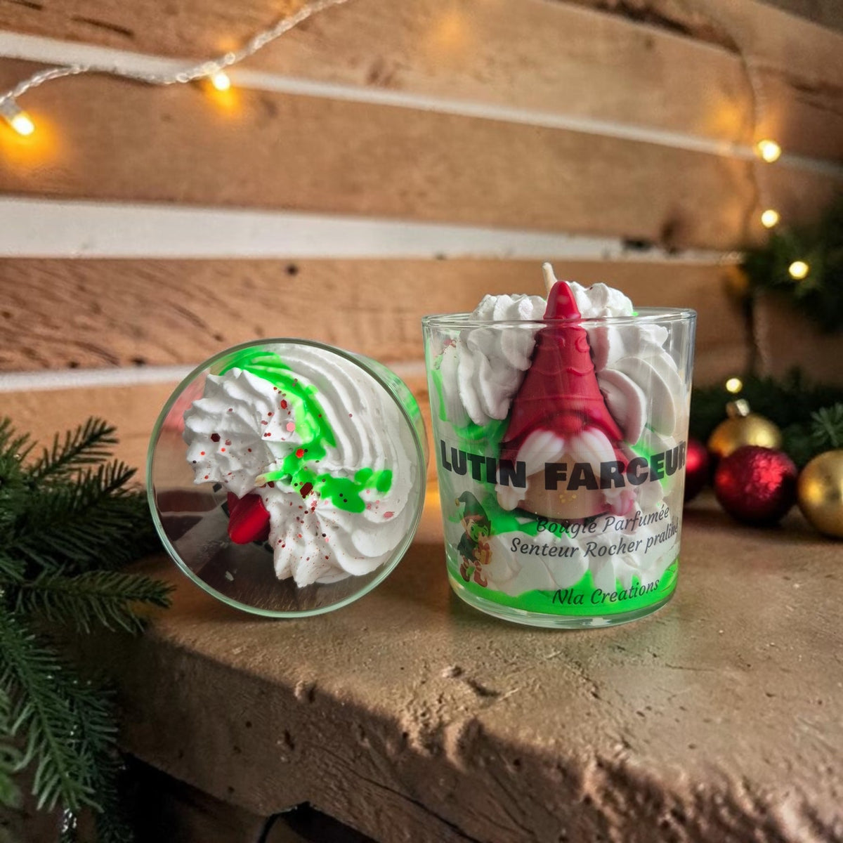 Bougie artisanale parfumée senteur rocher praliné en forme de lutin