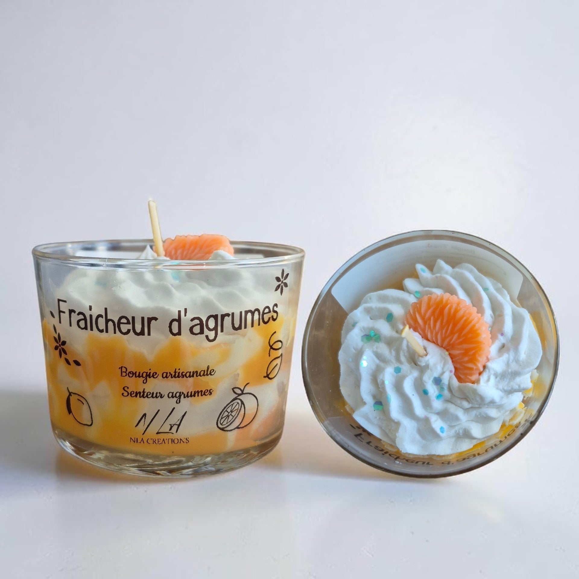 Bougie artisanale Fraîcheur d’Agrumes senteur Agrumes, une fragrance fraîche, pétillante et fruitée.