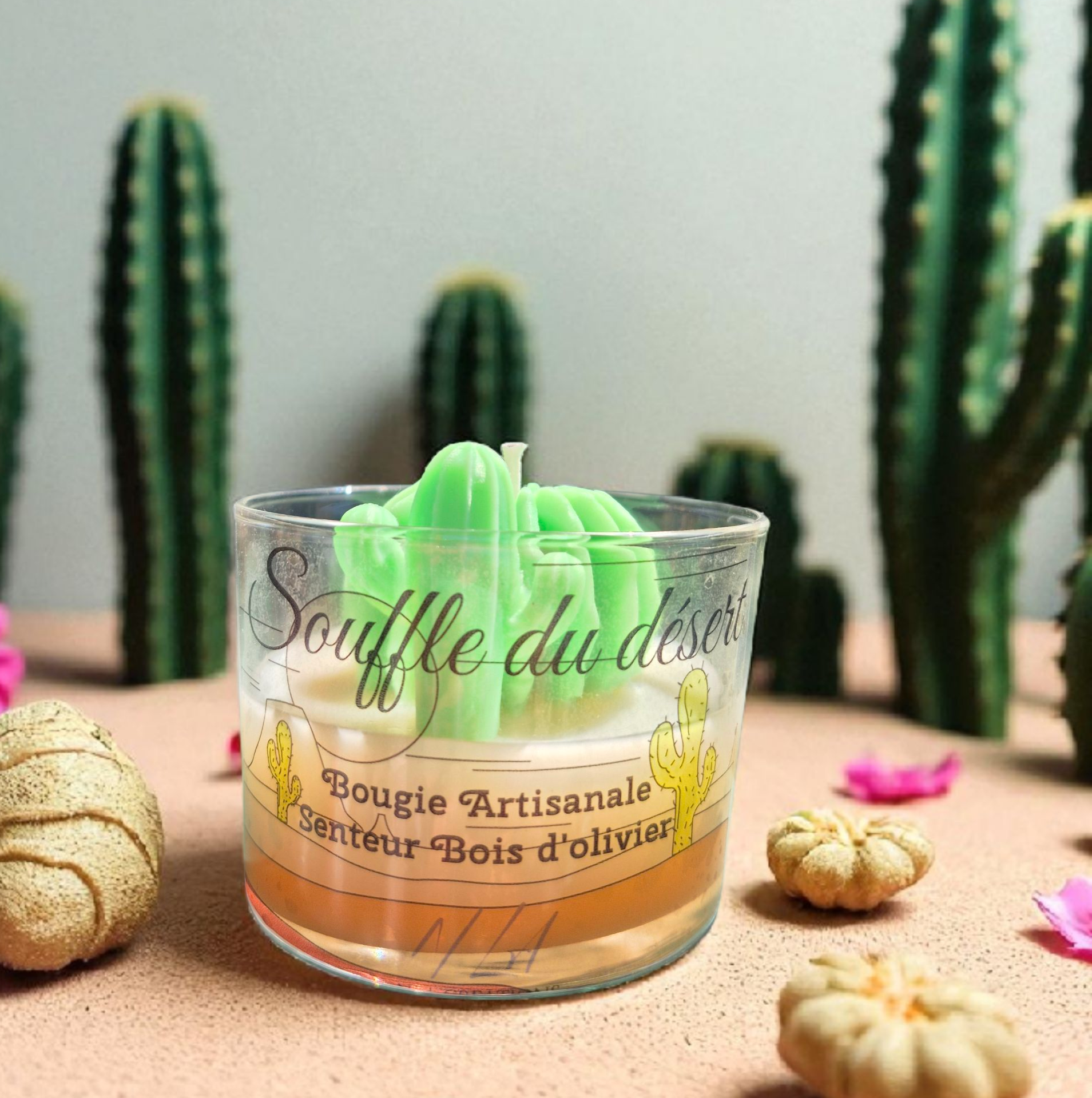 Bougie artisanale Souffle du Désert senteur Bois d'Olivier en destockage, création parfumée en cire végétale.