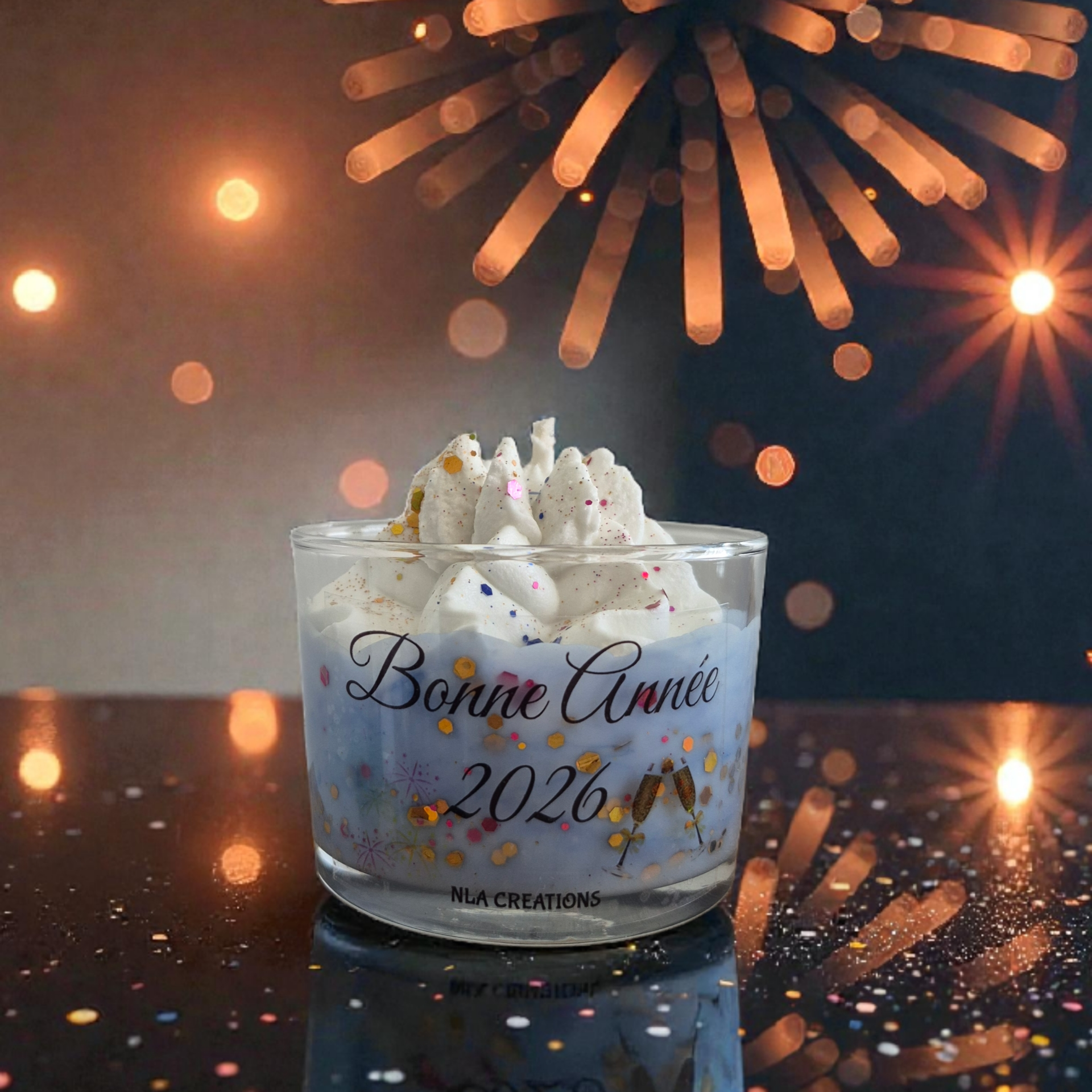 Bougie Bonne Année parfumée en cire végétale artisanale, disponible en destockage