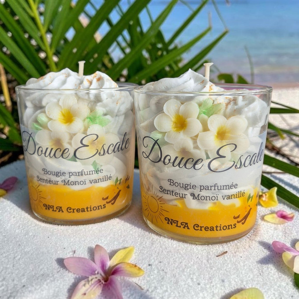 Bougie parfumée Douce Escale senteur Monoï Vanillé, création artisanale en cire de soja avec parfum de Grasse par NLA Créations.