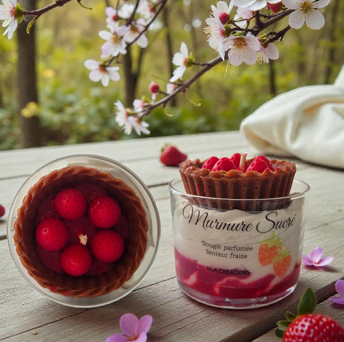 Bougie gourmande Murmure Sucré parfum Fraise en cire végétale, création artisanale best seller.
