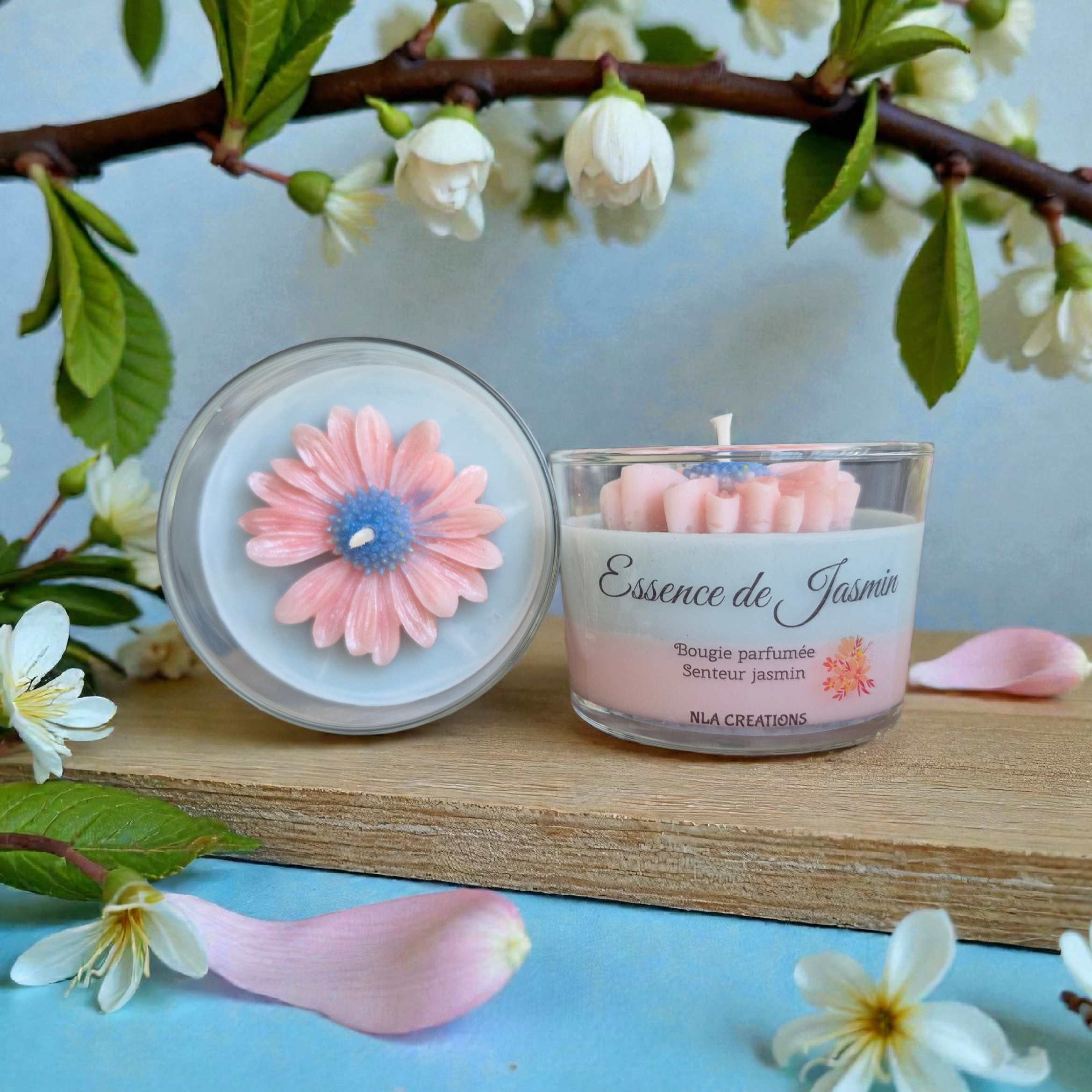 Bougie parfumée Essence de Jasmin en cire végétale artisanale, disponible en destockage