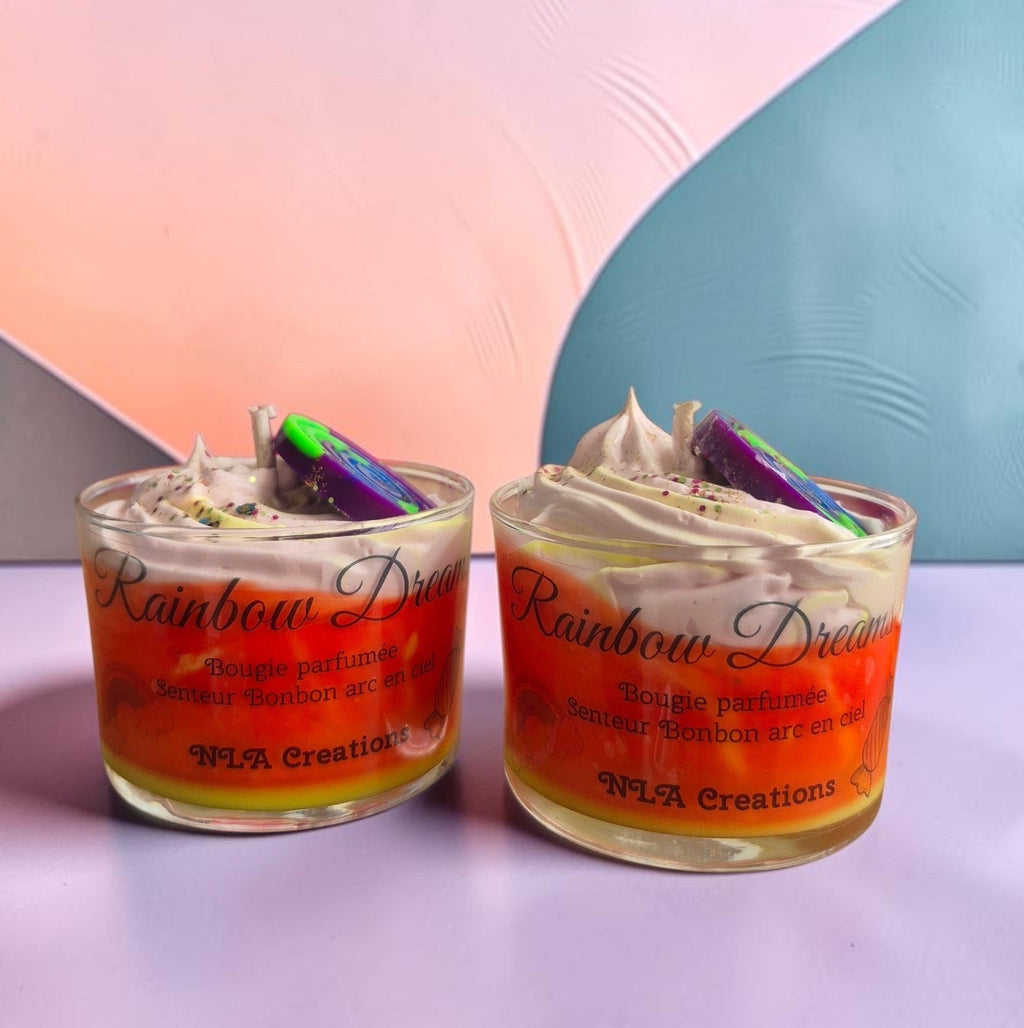 Bougie parfumée Rainbow Dream au parfum Bonbon Arc-en-Ciel, une création colorée, gourmande et faite à la main.