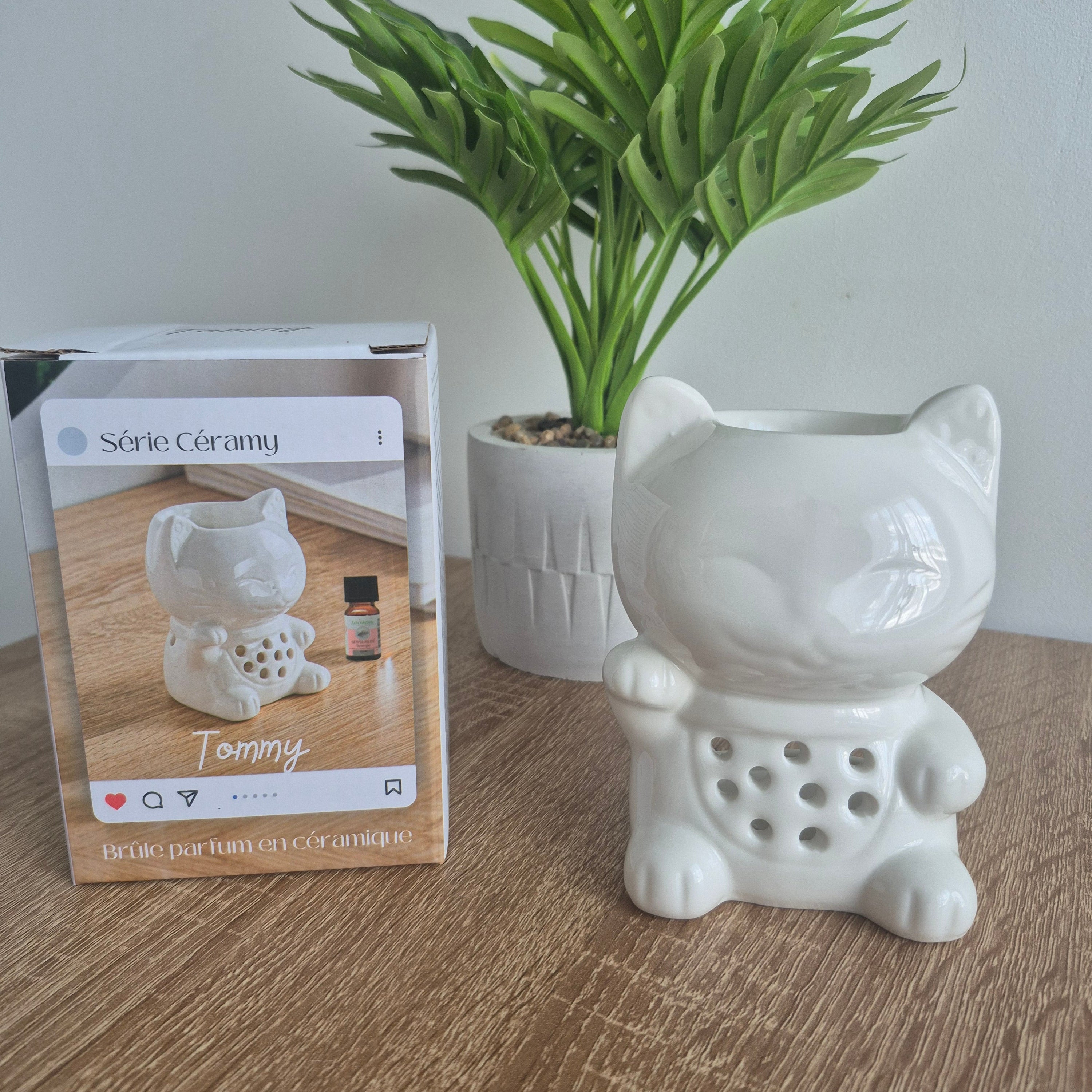 Brûle-parfum Chat en céramique pour faire fondre vos fondants parfumés et parfumer votre intérieur.