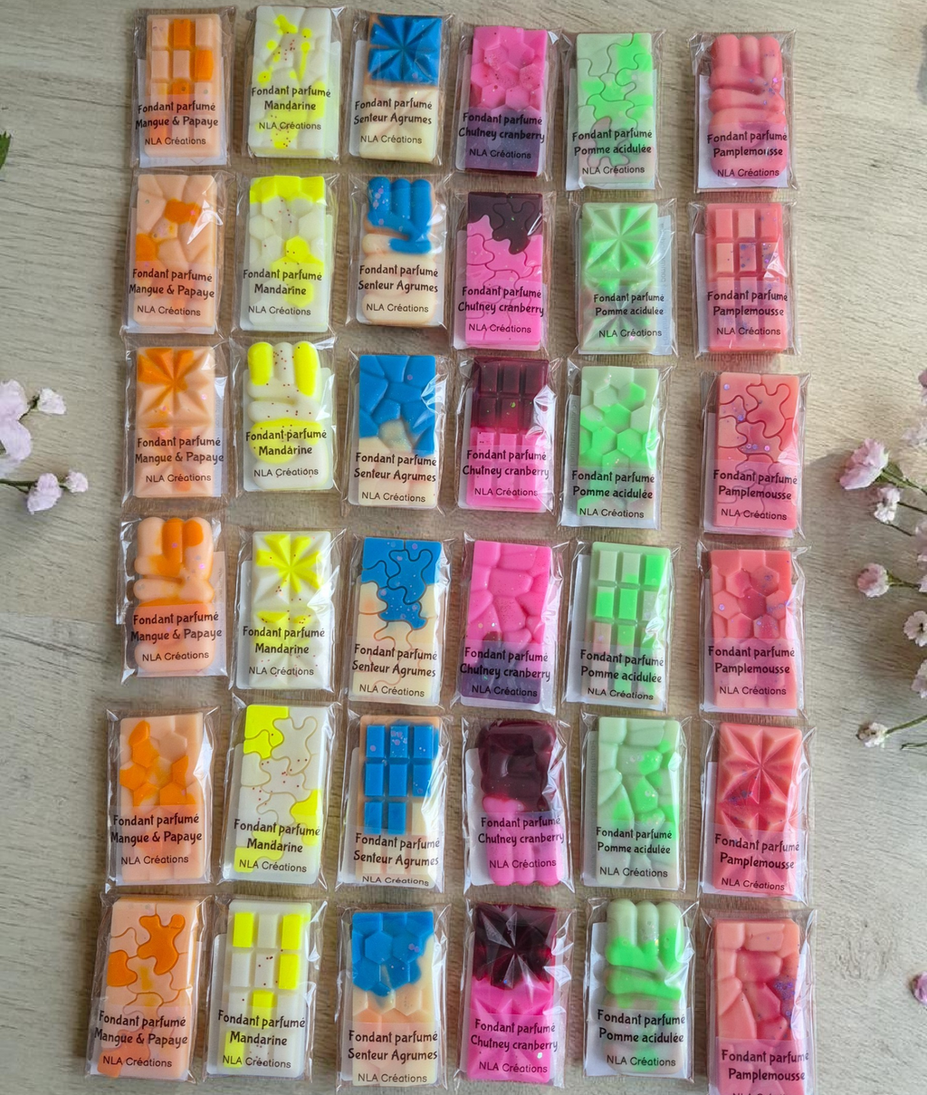 Coffret cadeau de 6 fondants parfumés artisanaux aux senteurs fruitées et gourmandes, parfumés avec des parfums de Grasse.