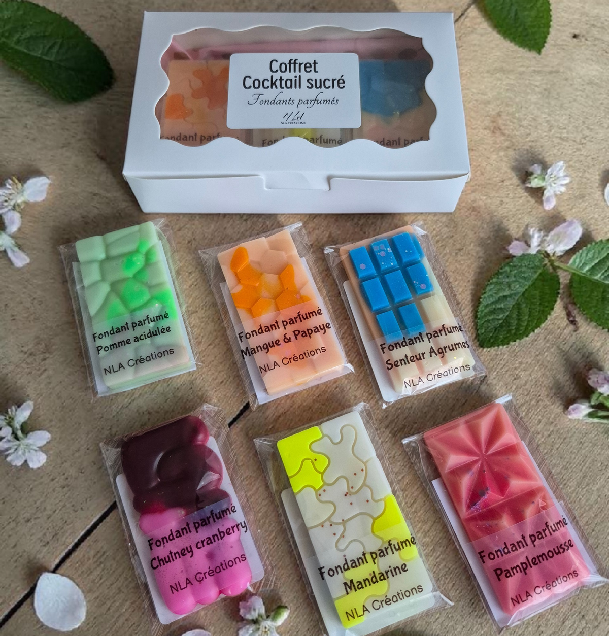 Coffret de 6 fondants parfumés Cocktail Sucré aux senteurs fruitées, créations artisanales avec parfums de Grasse par NLA Créations.