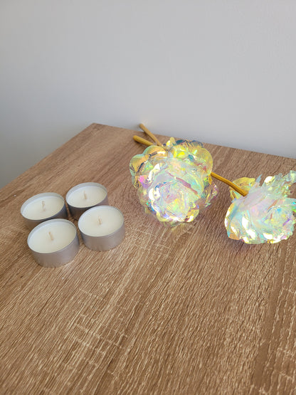 Bougies chauffe-plat blanches, faites main, idéales pour moments de détente et relaxation.