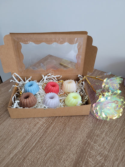 Coffret cadeau 6 fondants parfumés artisanaux, assortiment de senteurs fruitées et florales, fait main.